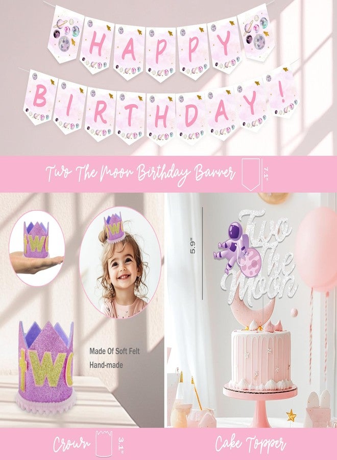 Fiesec Two The Moon Birthday Decorations Girl, 136 PCs Outer Space 2nd Party Decorations Backdrop Balloon Garland Arch Banner Cake Topper Box Cutout Crown Poster Astronaut Spaceman Rocket Pink - Image 4